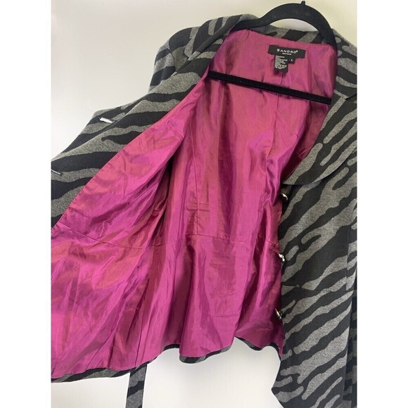 BOGO Sandro Jacket Black Gray Zebra Striped Button Collared Belted Scoop Women L - Picture 7 of 12